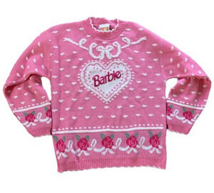 Barbie For Girls Vtg Sweater 90s pink Heart rosette Sz 10/14 Mint Floral Love